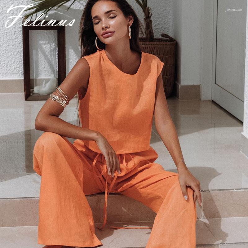 

Women' Sleepwear Cotton And Linen Vest Set Sleeveless Trousers Pajamas Solid Simple Nightwear Fashion Outerwear Homewear, Orange
