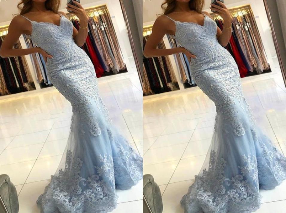 

2022 Luxurious Baby Blue Prom Dresses Mermaid Evening Gowns Lace Beads Applique Spaghetti Beaded Staps Sexy U Open Back Party Grad4576524, Ivory