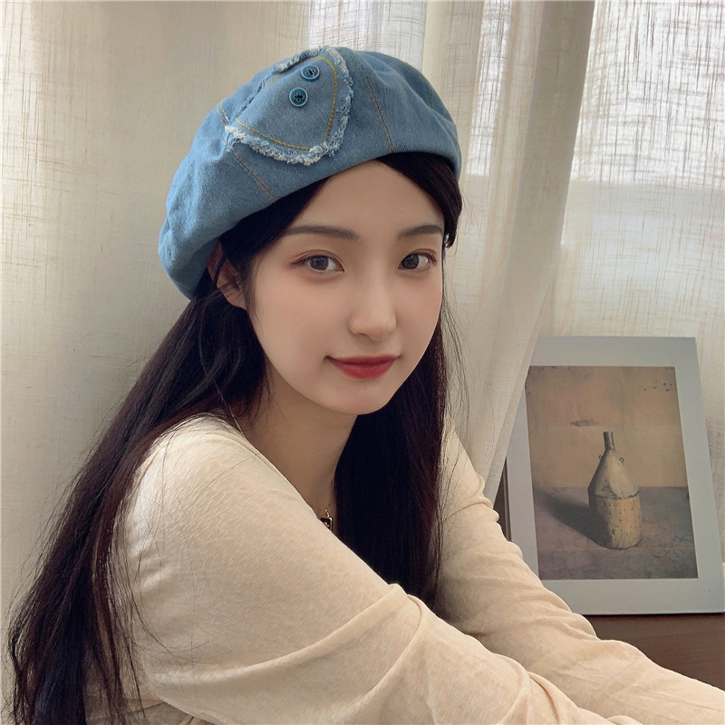 

Japanese Retro Denim Berets Hat Love Button Sweet Girly Painter Caps Summer Leisure Wild Travel Shooting Women's Hats Gorras