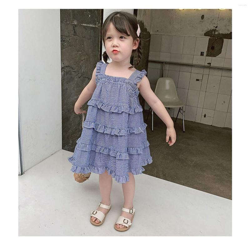 

Girl Dresses Girls' Summer Checkered Dress Children's Cake Baby Floral Short Sleeve, Blue