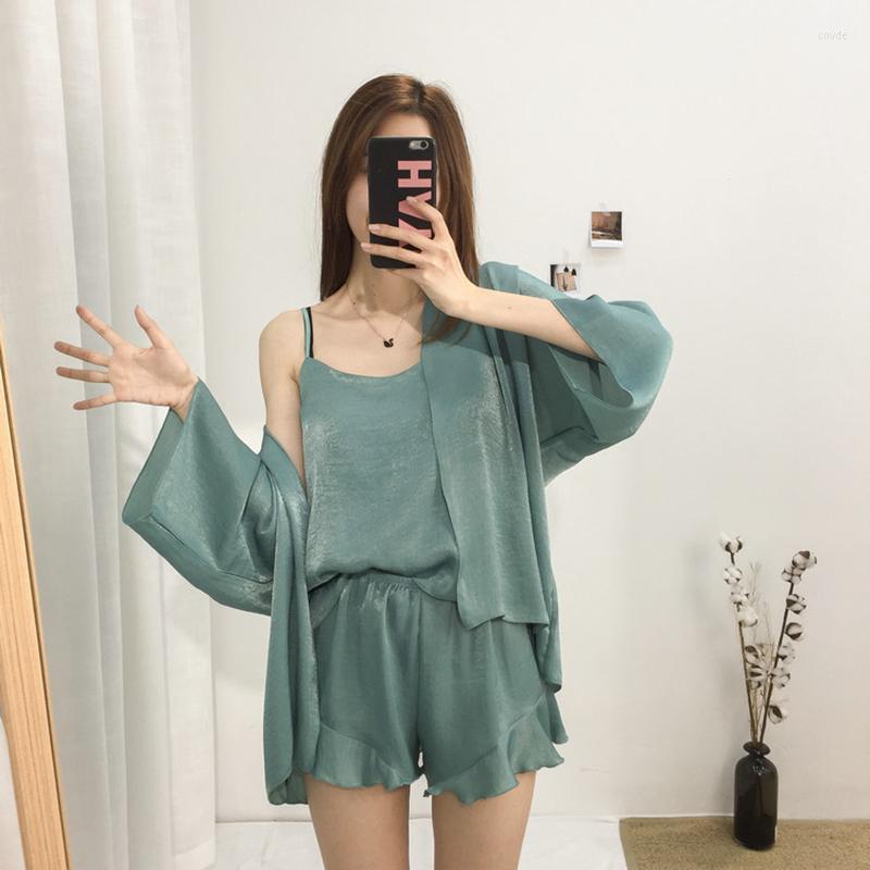 

Women's Sleepwear Women Summer Pajama Set Chiffon 3Pcs Cardigan Vest Shorts Loose Elegant Ladies Pyjama Femme Homewear, Black