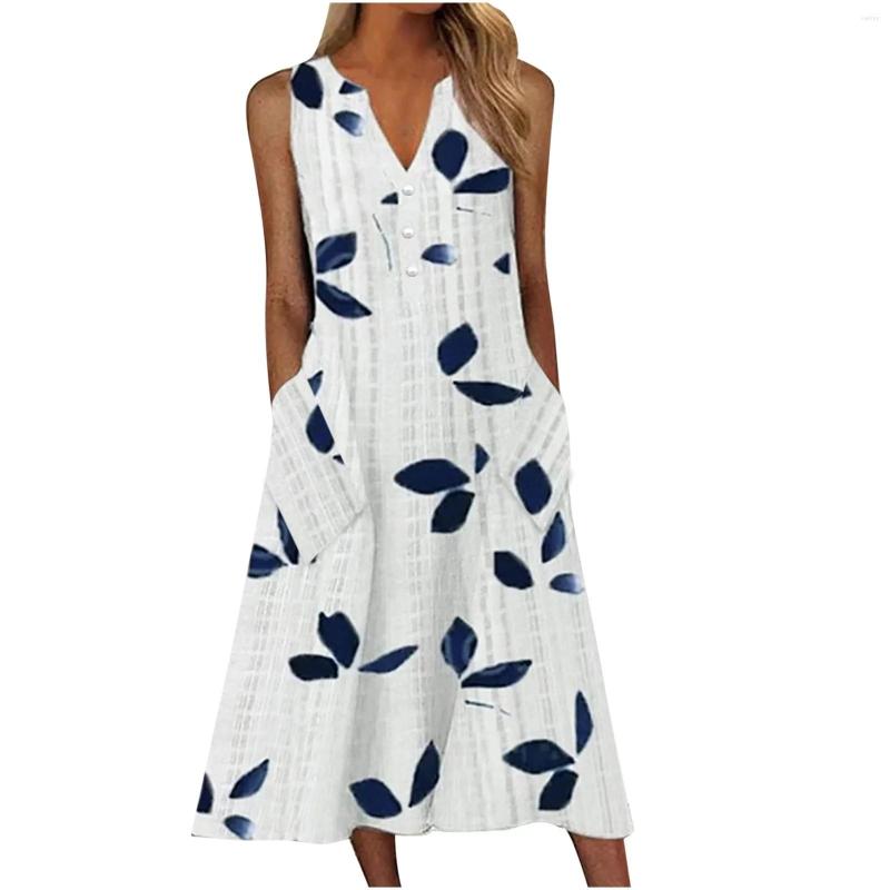 

Casual Dresses Tank Dress For Women V Neck Leaf Print Button Down Summer Sleeveless Loose Swing Midi With Pockets Vintage, White