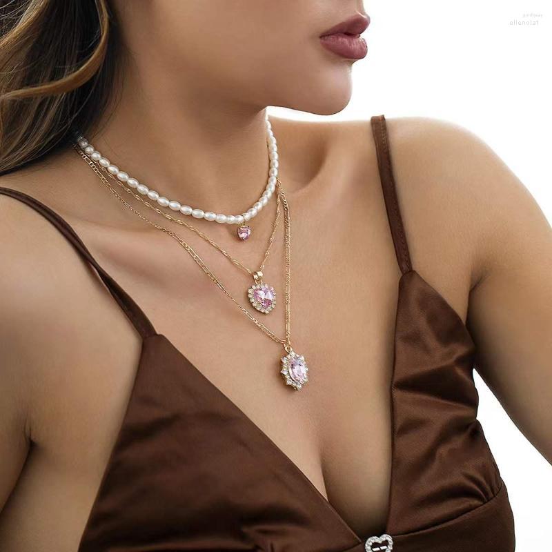 

Choker Necklace Pink Stone Heart Dangle Set Pearl Gold-Plated Necklaces Body Jewelry For Women