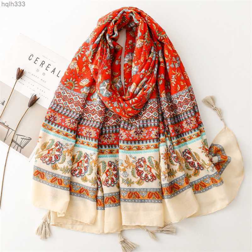 

Yunnan Lijiang Tibet Tourism Vacation Shawl Red Flower Ethnic Style Scarf Cotton Linen Photo Scarf Female