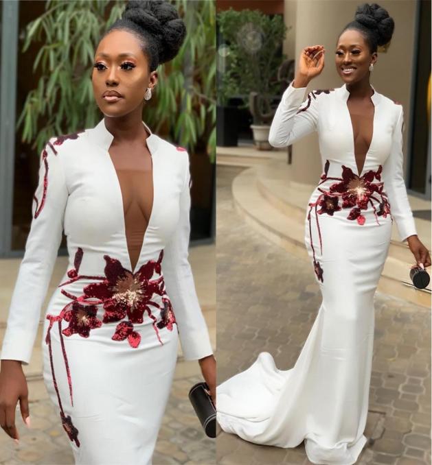 

New White Mermaid Sexy African Evening Dresses High Neck Long Sleeves Appliques Prom Dresses Deep Vneck Formal Party Gown8618857, Grape