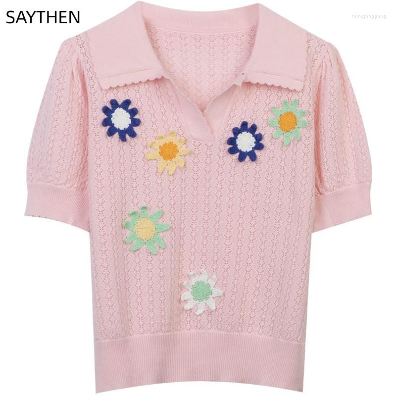 

Women' Sweaters SAYTHEN 2023 Summer Women' Pullover Contrast Color Hand Hook Embroidery Temperament Slim Fit Short Sweet Knit Top, White