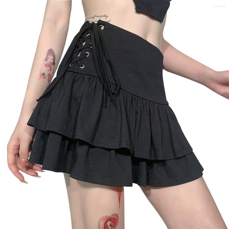 

Skirts Women Teen Girls Harajuku Gothic Mini Lace Up High Waist Ruffle Short Flared E-Girl Clothing Emo Goth Miniskirt, Black