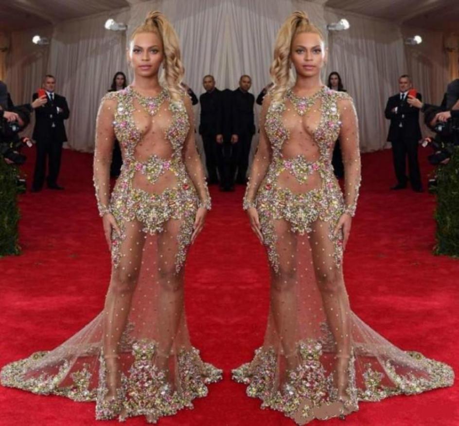 

Sexy Sheer Beaded Prom Dress Beyonce Met Ball Red Carpet Dresses Illusion Long Sleeves Evening Dresses Formal Party Gowns8309654, Orange