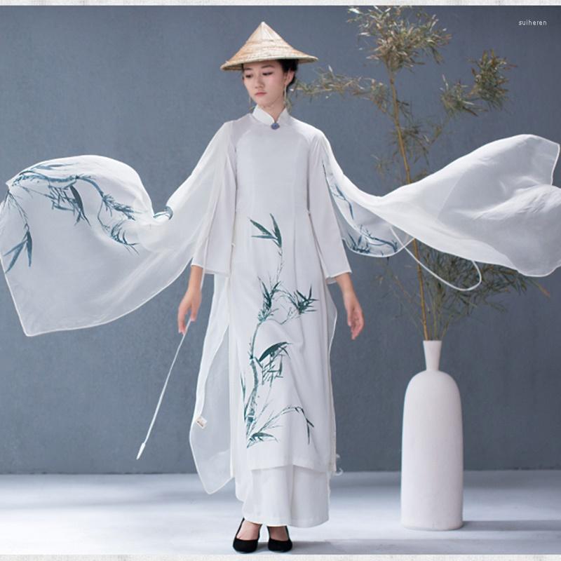 

Ethnic Clothing Traditional Chinese Dress Vestido Cheongsam Qipao Oriental Ink Paint Flare Sleeve Costume Vietnam TA1411