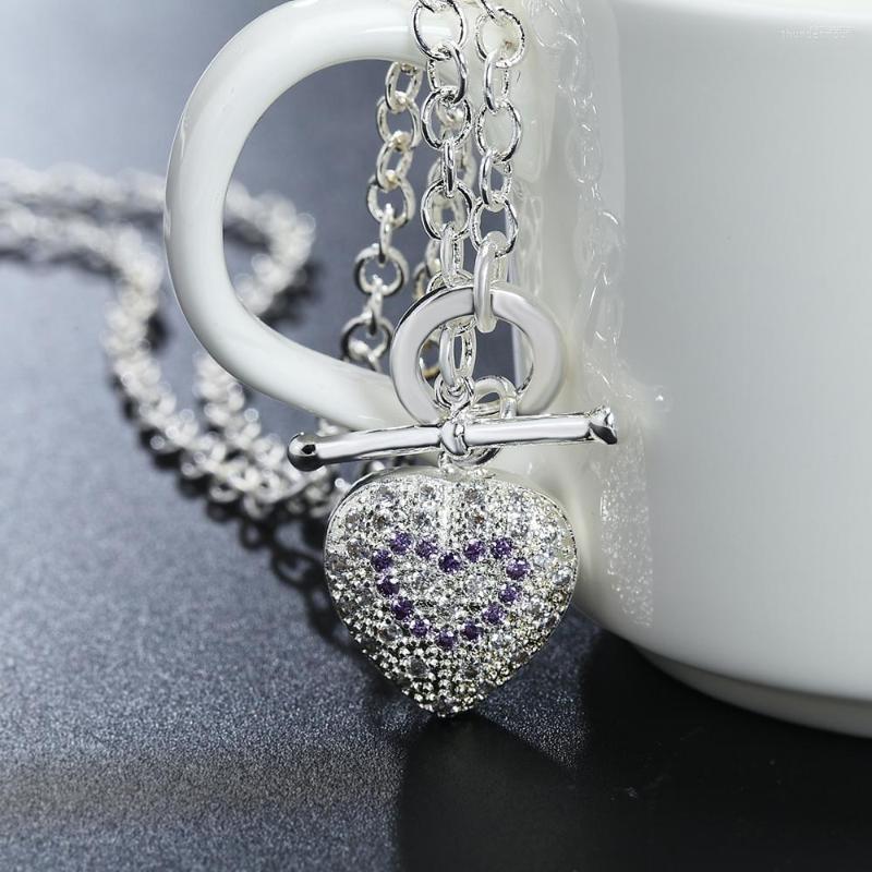 

Chains Fashion Brand 925 Sterling Silver Necklace For Women Jewelry Charm Purple Crystal Heart Pendant Christmas Gifts Wedding