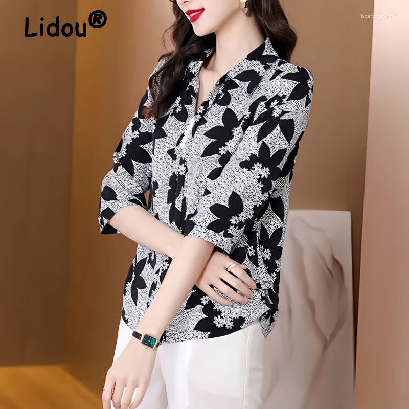

Women's Blouses Women Print Korean Style Elegant Spring Summer Turn Down Collar 3/4 Sleeve Shirts Casual Slim Tops Blusa Mujer Moda 2023, Gray