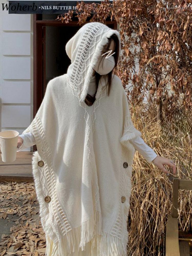 

Women's Sweaters Woherb Knitted Elegant Women Scarf Cape Pullover Hollow Wrap Shawl Tassel Lady Femme Hooded Ponchos Capas Mujer Cachecol, White