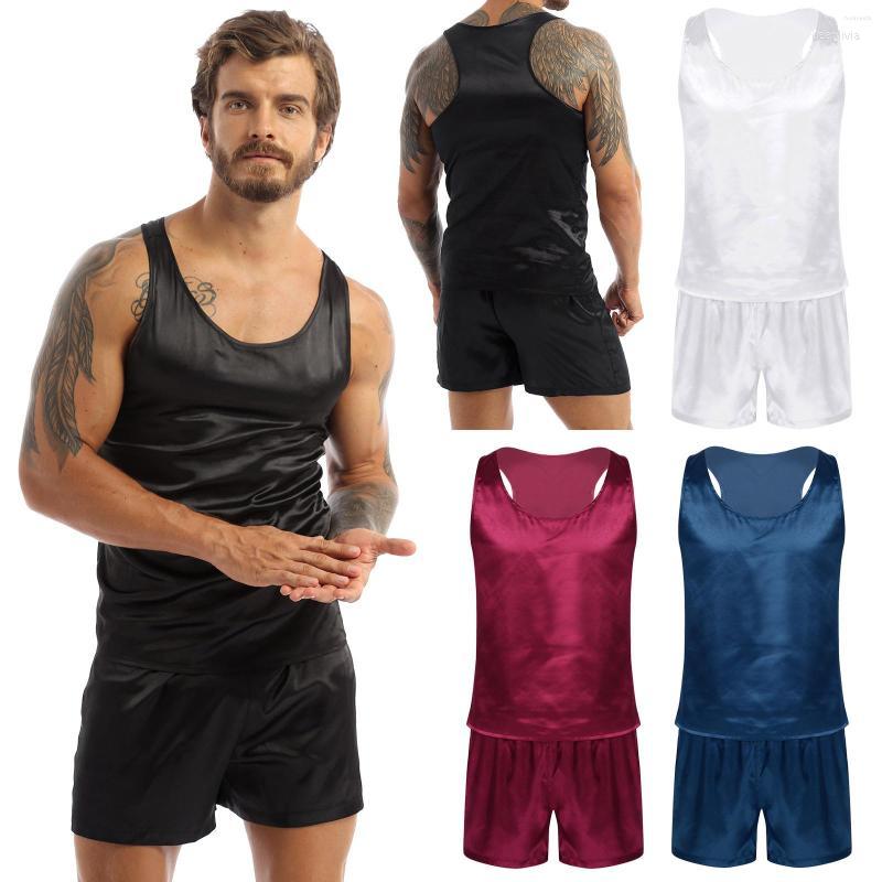 

Men's Sleepwear Men's TiaoBug Men Solid Color Satin Pajamas Sets Nightwear Sleeveless Tank Top With Shorts Nightclothes Summer, Black
