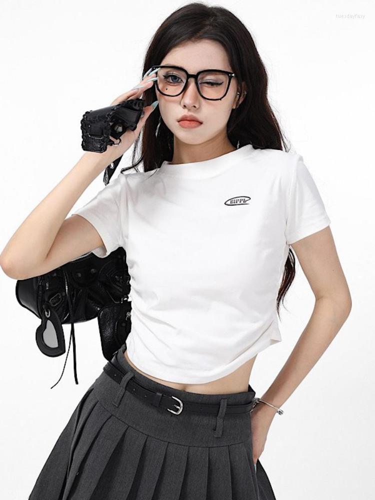 

Women' T Shirts HOUZHOU Korean Fashion Women Shirt White Summer Irregular Short Sleeve Crop Top Streetwear Vintage Y2k Tees Slim Folds, Black