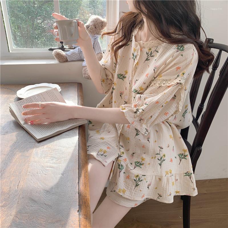 

Women's Sleepwear Pajama Sets Lace Decoration Short Sleeve Women Summer Cotton Yarn Cherry Bear Print Cartoon Trendy Womens 2pcs Pyjamas, 87042nightdress