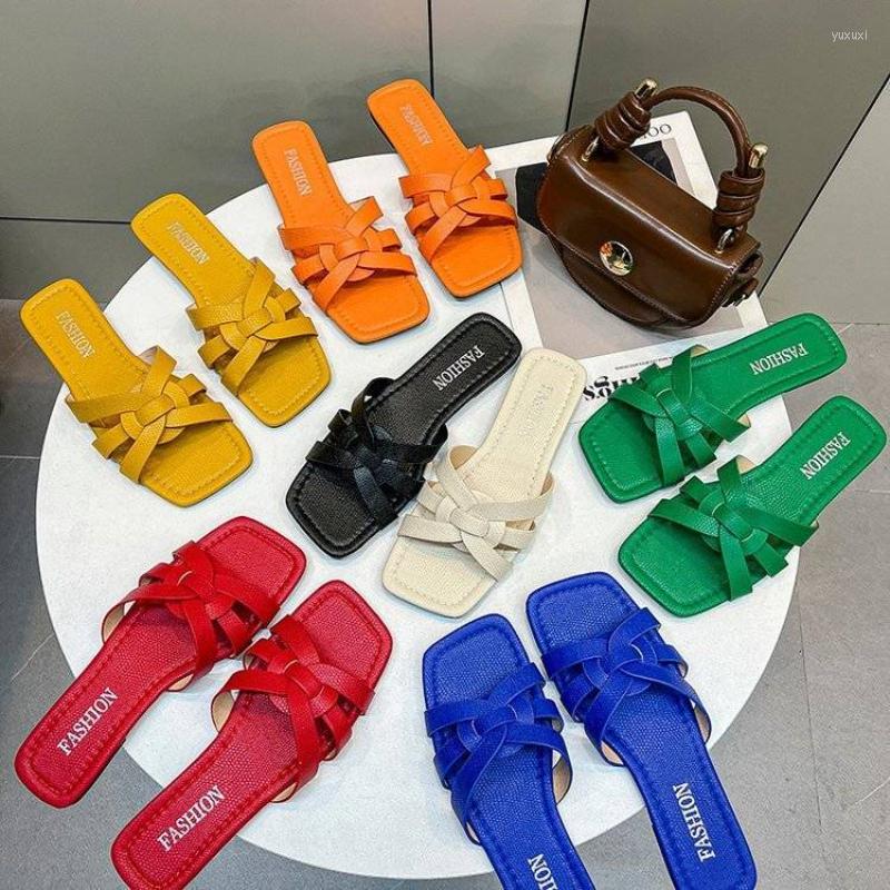 

Slippers Retro Women Roman Summer Woven Design Flat Heels Squared Toe Soft Bottom Flip Flops Beach Ladies Slides Plus Size, Yellow
