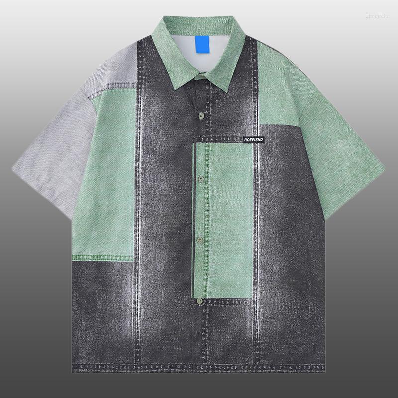 

Men's Casual Shirts 2023 Men Summer Fashion Brand Color Matching Design Short Sleeve Shirt Contrast Stitching Men's Street Loose, Green