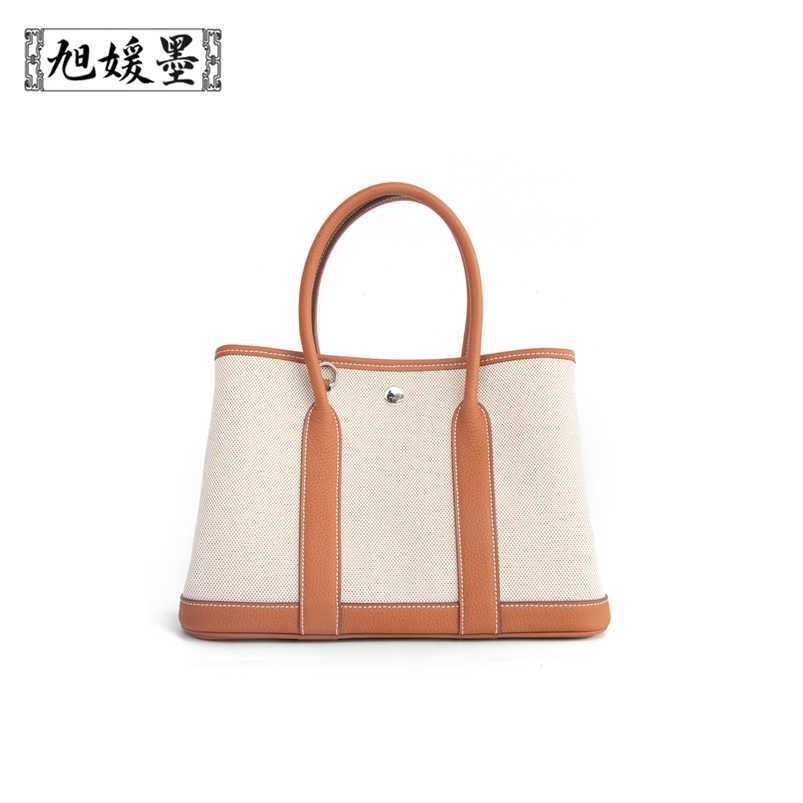 

Totes 7a H ermess Garden Party Handbag Genuine Leather Minimalist Design Sense Canvas Handbag for Women 2023 New Advanced Contrast Color Shoulder Large Capaci, Elephant grey cloth with leather