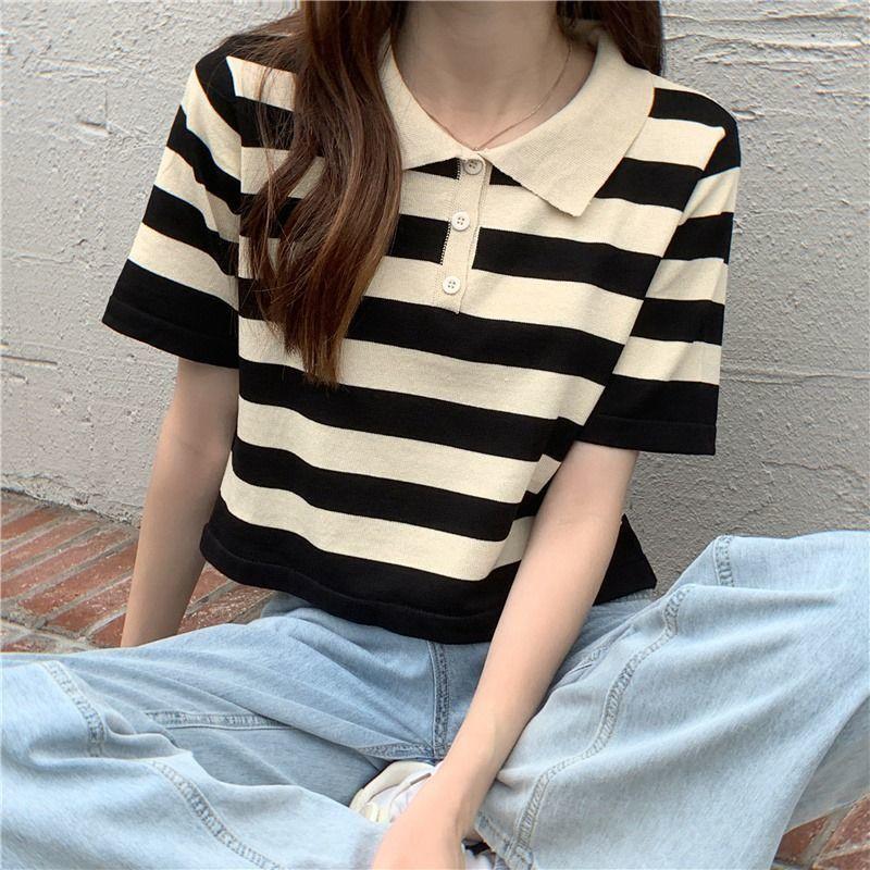 

Women's T Shirts Striped T-shirt Korean Style Knitted Short Sleeve Top Tee Turn Down Collar Tshirt Women Kawaii Clothes 2023 Button Polo, Yellow