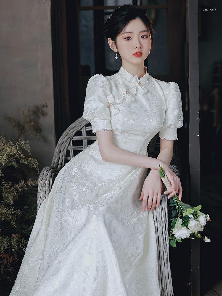 

Ethnic Clothing White Stand Collar Wedding Party Dresses Women Lace A-Line Dress Elegant Banquet Evening Gown Qipao