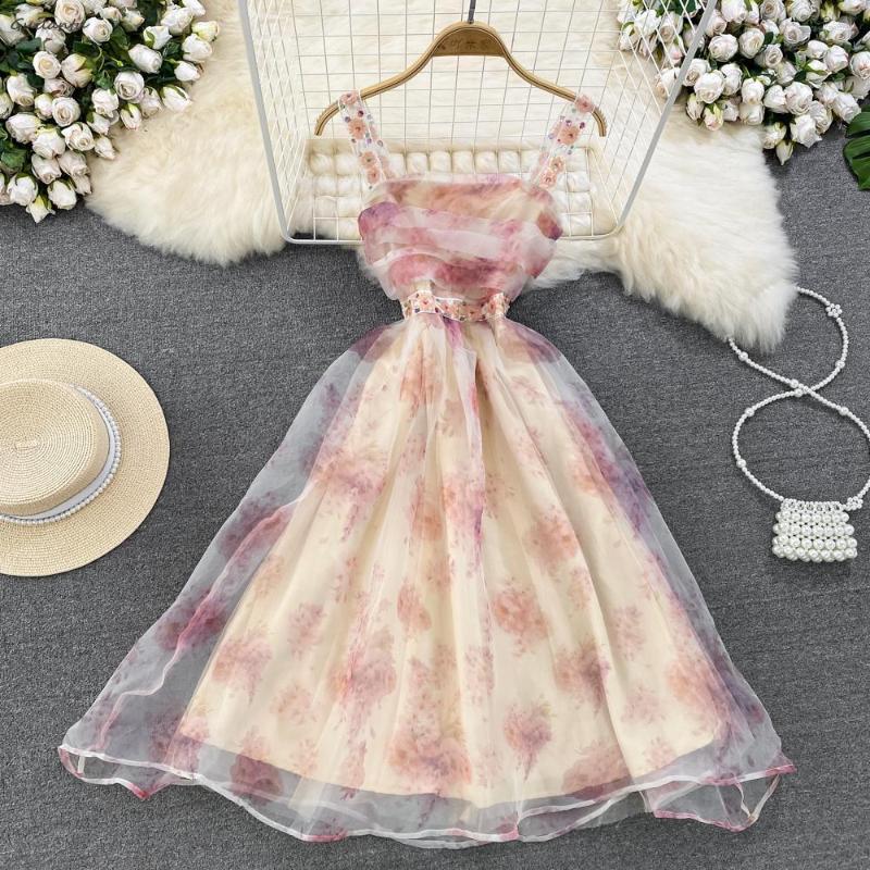 

Casual Dresses Summer Mesh Tulle Backless Beach Dress Women Sleeveless Spaghetti Strap Floral Long Elegant Sexy Evening Party Slip, Pink
