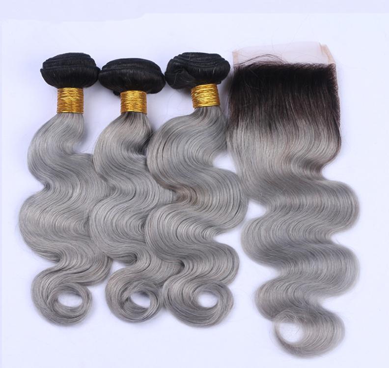 

1BGrey Ombre Peruvian Virgin Hair Bundle Deals 3Pcs with Closure Body Wave Ombre Silver Grey Human Hair Wefts with 4x4 Lace Clos3100275, Ombre color