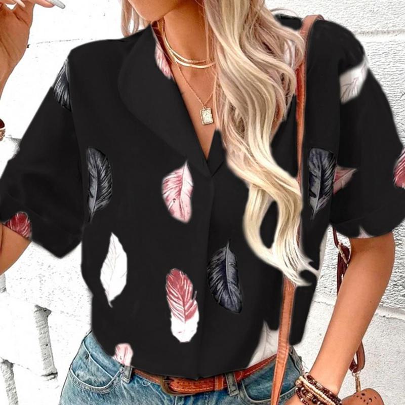 

Women's Blouses Women Summer Shirt Feather Print Lapel Short Sleeves Casual OL Style V Neck Loose Blouse Top Female Clothes, Blue
