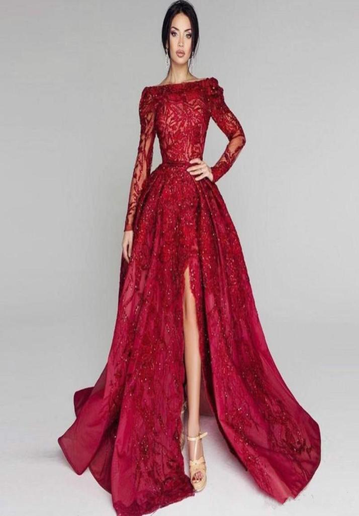 

Tony Chaaya 2018 Red Sequins Prom Dresses Long Sleeves Bateau Neck Side Split Formal Dress Evening Wear Sweep Train Illusion Party6909068, Water melon