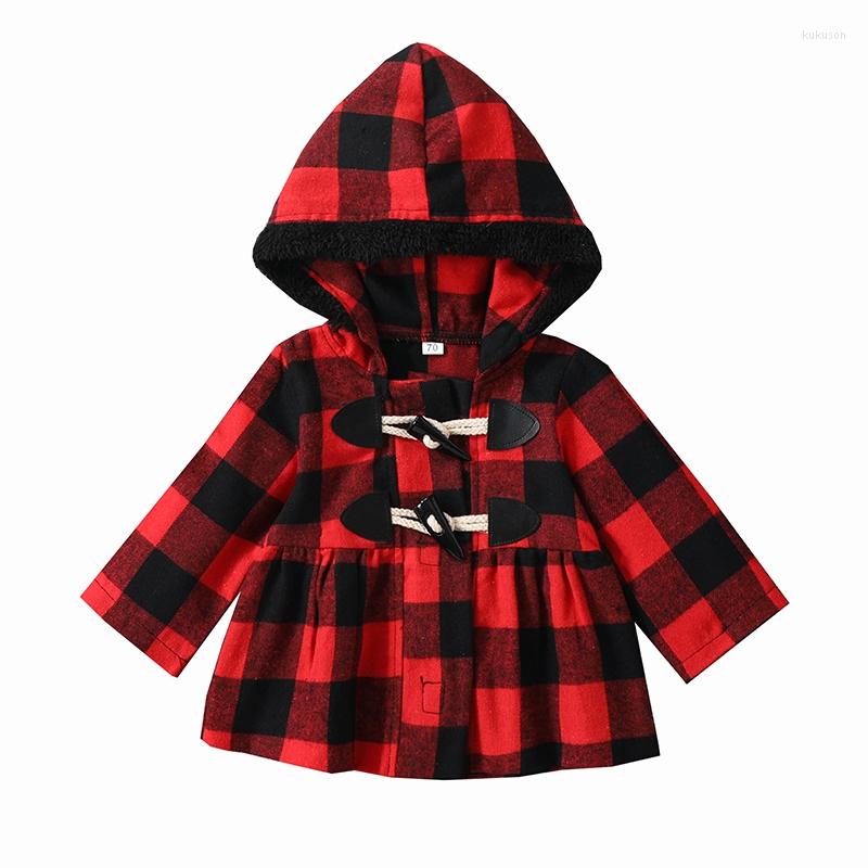 

Jackets 6 Months-4 Years Toddler Girls Hooded Coat Plaid Print Long Sleeves Horn Button Closure Autumn Winter A-Line Jacket, Red