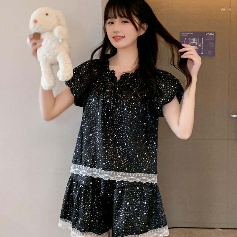 

Women's Sleepwear Summer Black Lace Pajamas Set For Women Ice Snow Silk Short-sleeved V-neck Senior Sense Of Sweet Style Satin Home Wear, X hs 347-1 hei