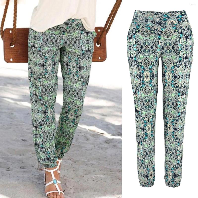 

Women' Pants Waist Printing Boho Women Easy Pockets High Beach Trousers Long, Green