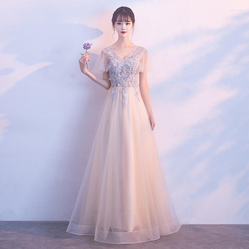 

Ethnic Clothing Sexy V-neck Ladies Luxury Vestidos Banquet Party Dress Host Bridesmaid Thin Gauze Skirt High Waist Lace-up Slimming