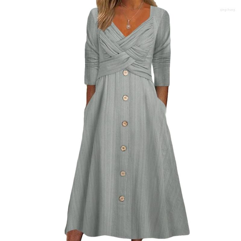 

Casual Dresses Womens Long Sleeve Midi Fall Dress V Neck Button, Green