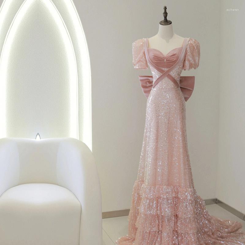 

Ethnic Clothing Pink Puff Sleeve Evening Dresses Sweetheart A Line Sequins Bow Applique Beading Women Formal Party Gown Vestidos