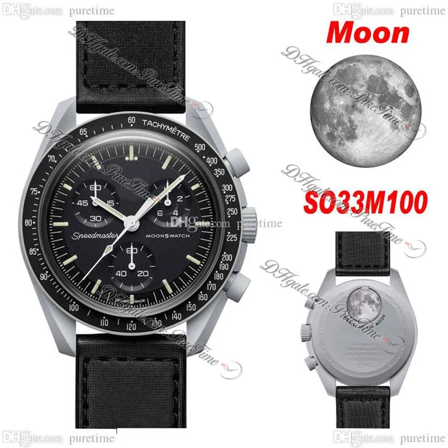 

Bioceramic Moonswatch Swiss Quqrtz Chronograph Mens Watch SO33M100 Mission To Moon 42 Real Gray Ceramic Black Nylon Strap With Box231O
