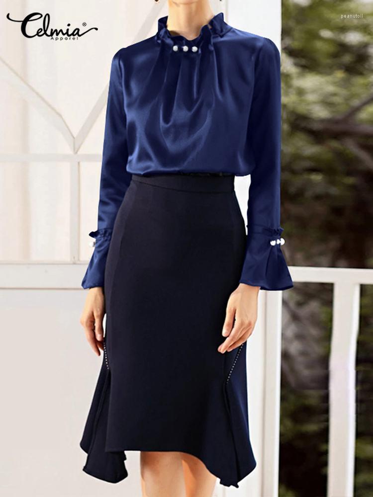 

Women's Blouses Celmia Women Fashion Satin Silk Autumn Elegant Pearl Stand Collar Tops Long Sleeve Shirt Casual Solid Blusas Femininas, White