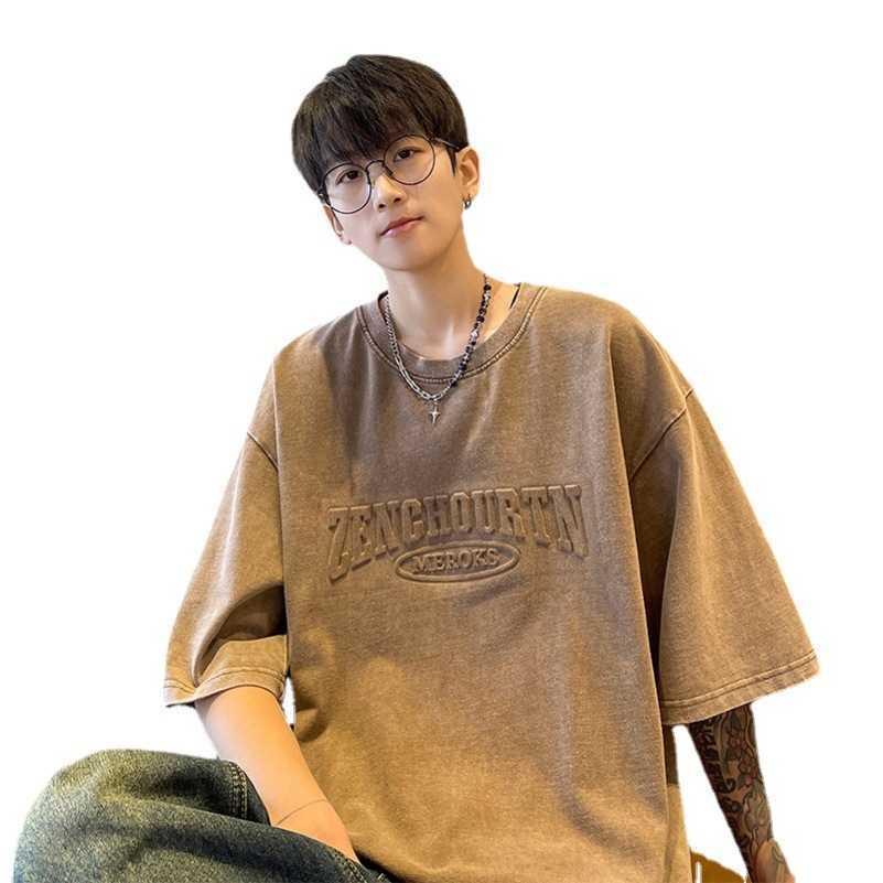 

American Fashion Brand Washable Short Sleeve T-shirt Men's High Street Body Sleeve Oversize Foam 5/4 Sleeve Summer, Coffee