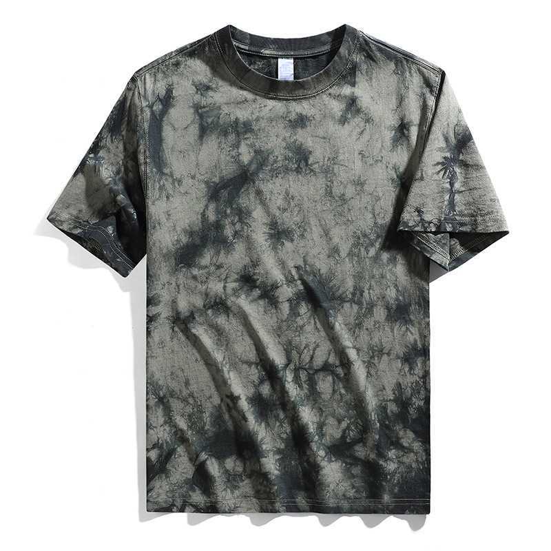 

Men's tie dyed t-shirt, shoulder down, pure cotton loose fitting short sleeved men's t-shirt, round neck, trendy brand top, Jungle green