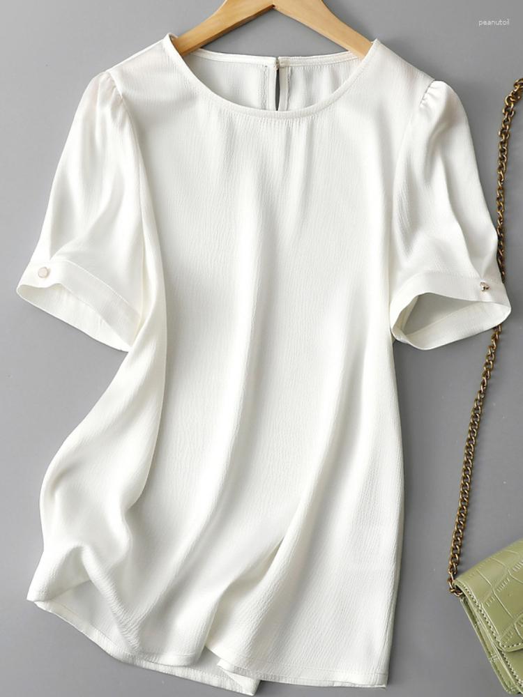 

Women's Blouses Puff Sleeves Satin O-neck Shirt Solid Baggy Casual White Top Short Sleeve T-shirt Women 2023 Summer Clothing Fashion