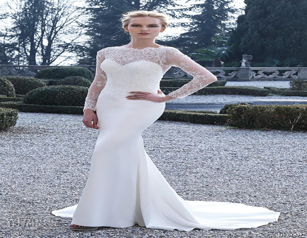 

Long sleeve Wedding Dress Sheer neck Vestidos de Novia sweep Train Back Sheer lace vintage mermaid Bridal Gowns 2016 Spring9429609, White