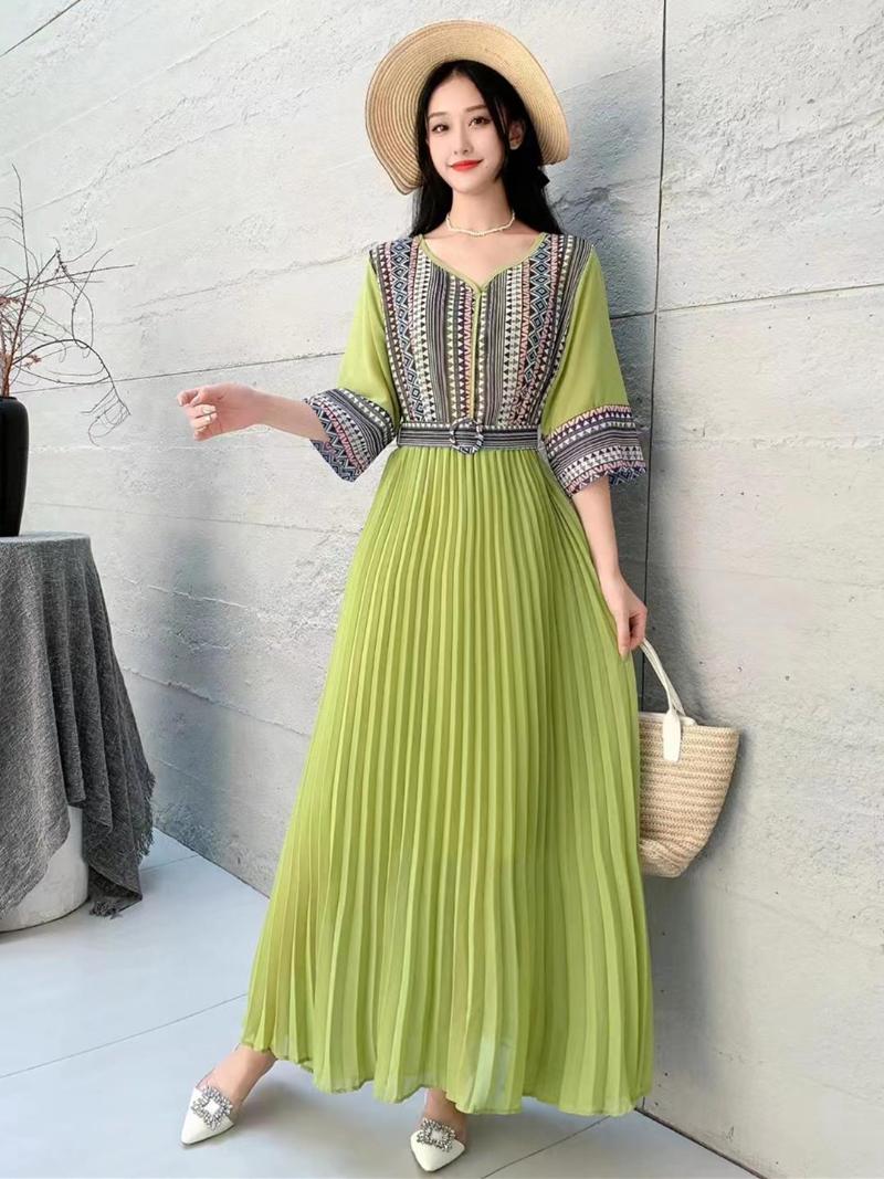 

Casual Dresses Spring Summer Women V-Neck Three Quarter Sleeve Slim Long Dress Elegant Retro Print Patchwork Pleated Big Hem Tour, Black