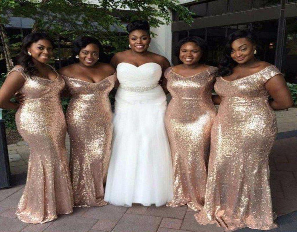 

2020 cheap Sparkly Gold Sequins Cheap Mermaid Bridesmaid Dresses Off Shoulder Backless African Plus size Beach Wedding Gowns1082144