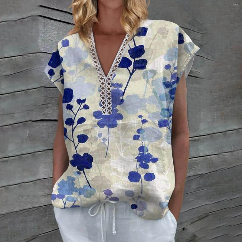 

Women' Blouses Vintage Tops Women Blouse Cotton Linen Summer V Neck Chic Tunic Hallow Lace Patchwork Oversized Lady Floral Blusas Mujer, 2-light blue