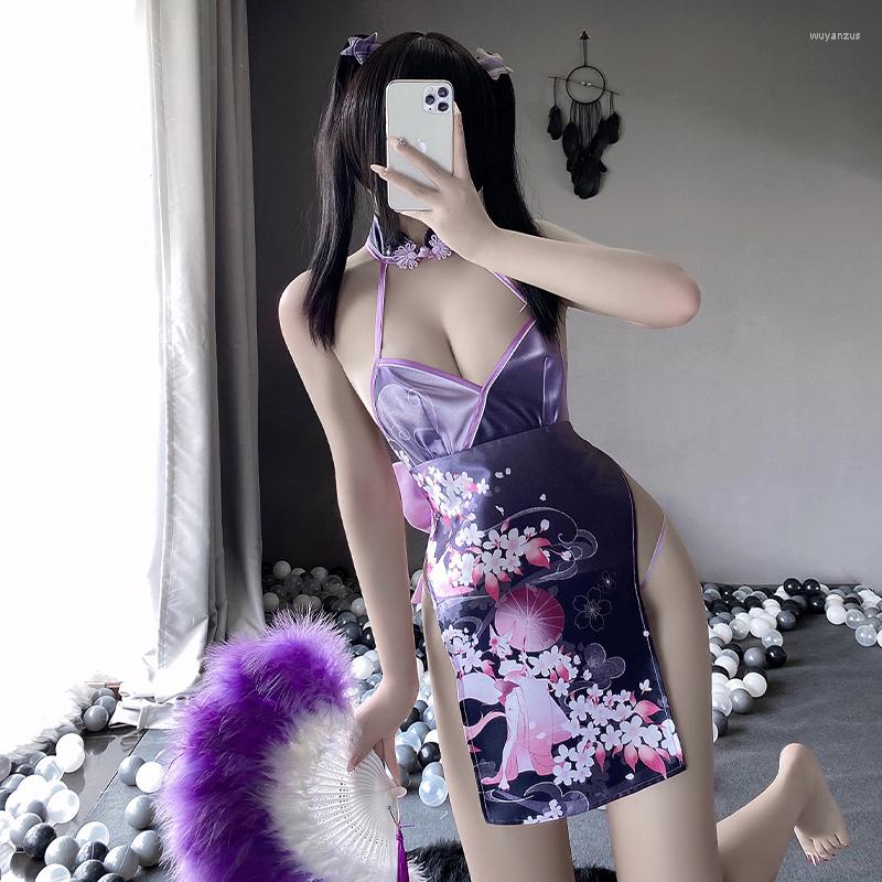 

Ethnic Clothing Chinese Traditional Cheongsam Dress Temptation Sexy Slit Deep V Flower Printed Mini Qipao Asian Lingerie Women Nightclub