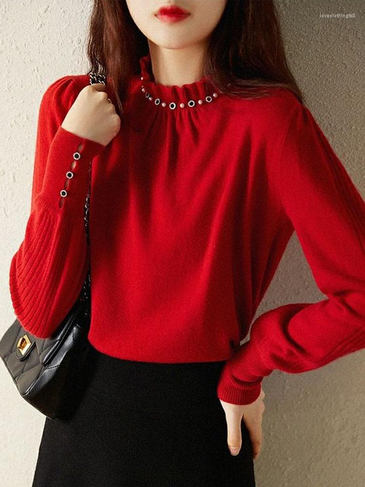 

Women's Sweaters Sueter Mujer Invierno 2023 Long Sleeve Knitted Sweater Women Pullover Fashion Beading O-Neck Tops G382, Black