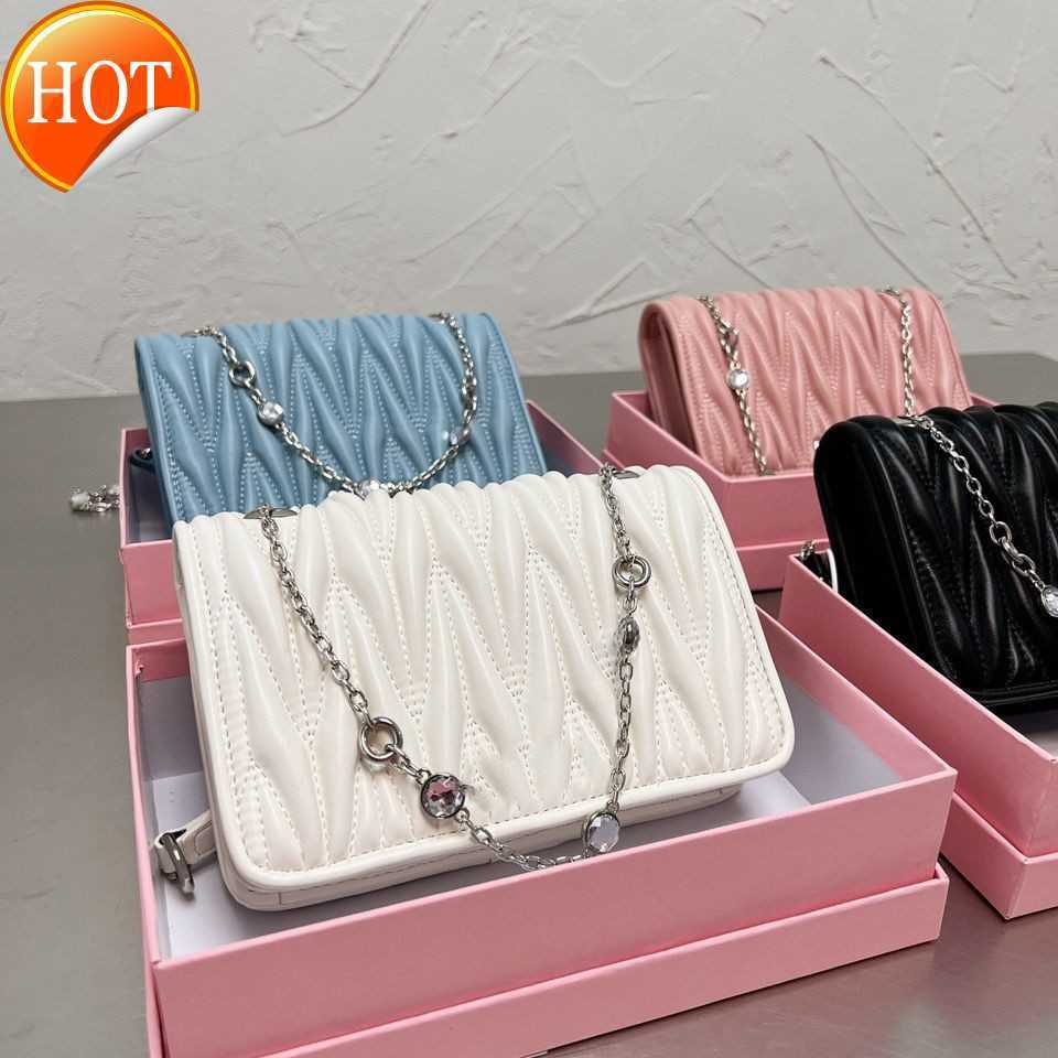 

Women's Brand Designer Shoulder Bags Tote Early Fall Winter 2023 New Fashion Miu Rhine-drill Chain Pleated Sweet Senior Cross-body Bag Factory Direct Sales, Haze blue