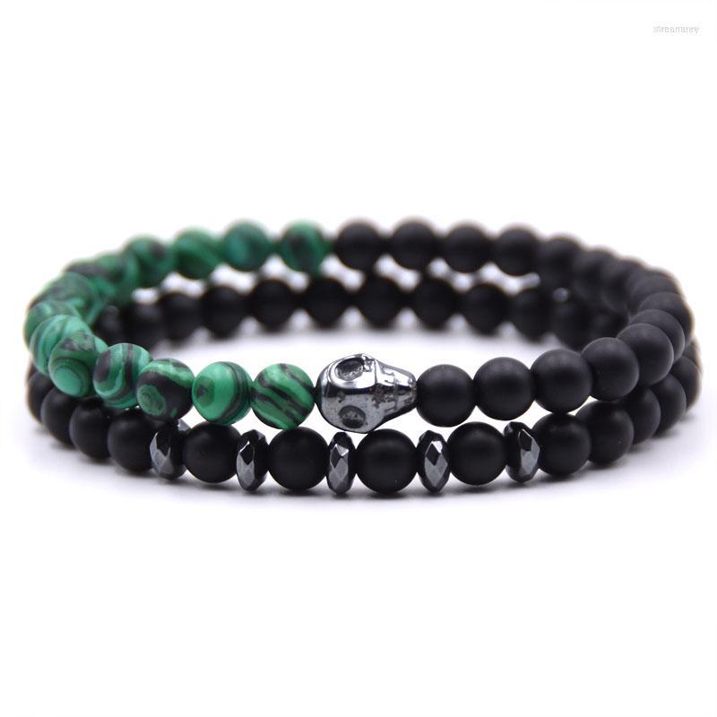 

Strand 2pc/sets Natural Stone 6mm Beads Bracelet Men Skull Hematite Charms Bracelets For Women Jewelry Viking Bijoux