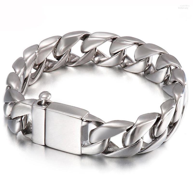 

Link Bracelets 15mm Hiphop Men's Bracelet Silver Color 316L Stainless Steel Round Curb Cuban Chain Male Jewelry Gift For Men