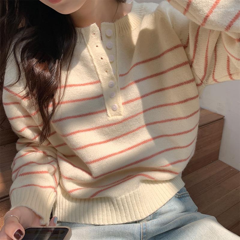 

Women's Sweaters Korean Style Soft Knitted Stripe Women Fashion Single-breasted Long Sleeve Pullover Sweater Woman Casual O-neck Jumpers, Pink