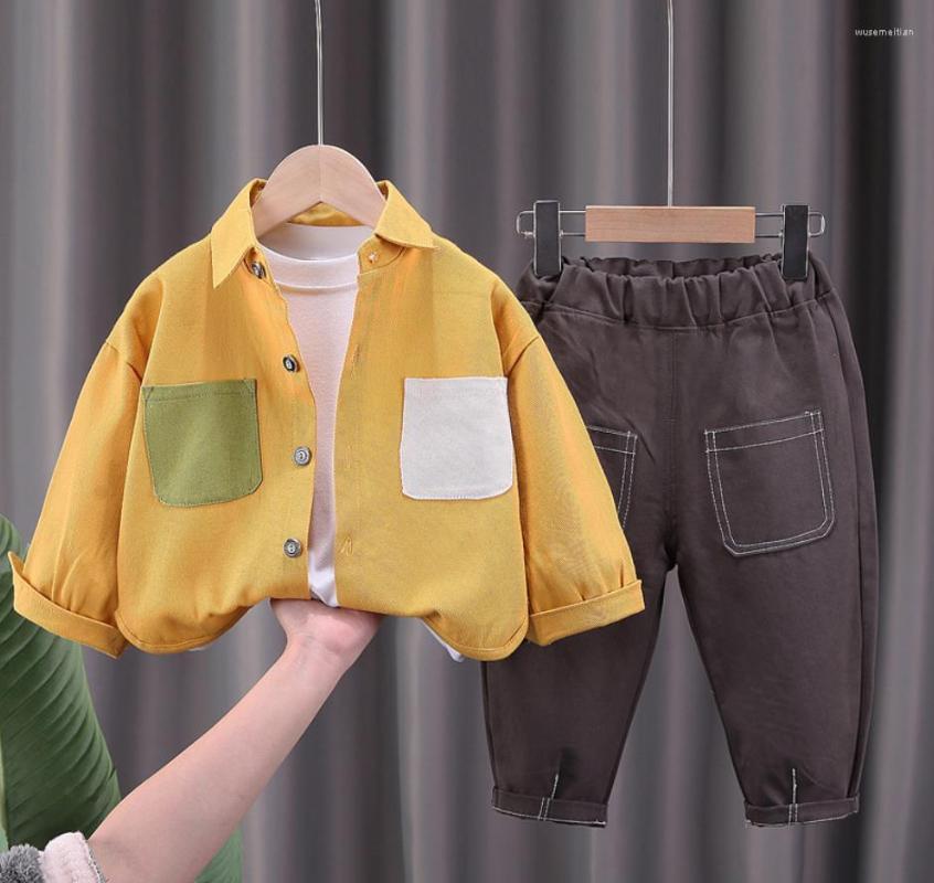 

Clothing Sets Spring Autumn Baby Boys Clothes Outfits 6 To 18 Months Kids Pocket Single Breasted Jackets White T-shirts Pants Three Piece, Beige